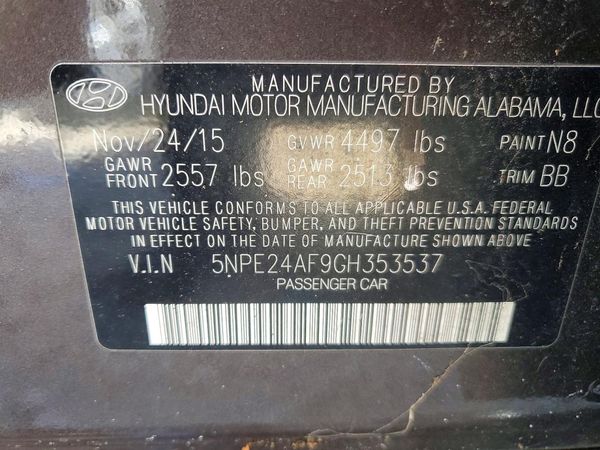 2016 HYUNDAI SONATA — VINS