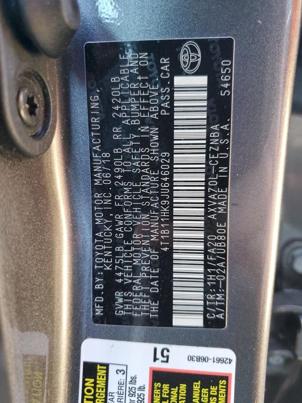 2018 TOYOTA CAMRY L/LE/SE/XLE — VINS