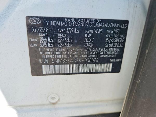 2019 HYUNDAI SANTA FE SE — VINS