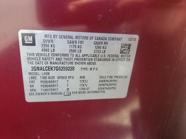 2016 CHEVROLET EQUINOX LT — VINS
