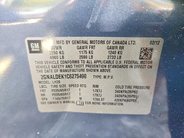 2012 CHEVROLET EQUINOX 1LT — VINS