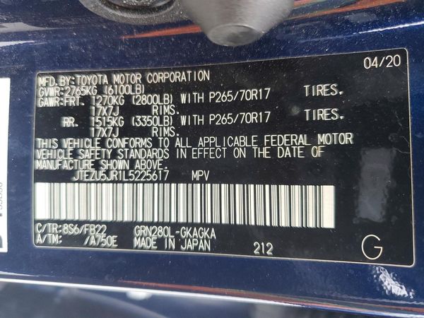 2020 TOYOTA 4RUNNER Base Grade — VINS