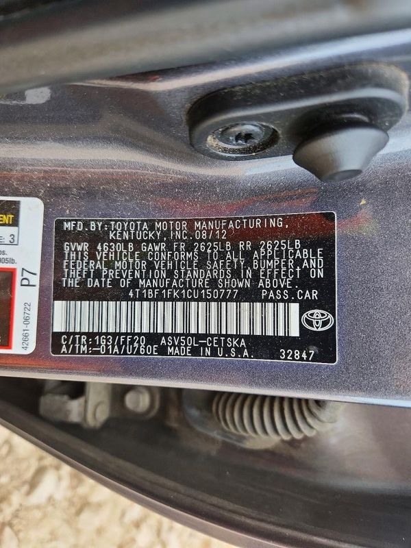 2012 TOYOTA CAMRY — VINS