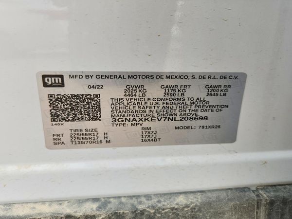 2022 CHEVROLET EQUINOX LT (1LT) — VINS