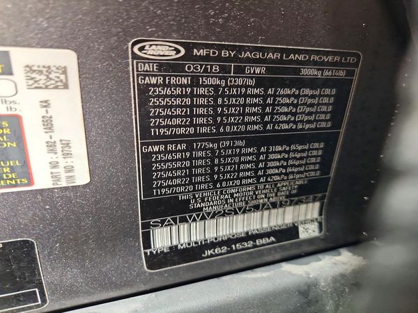 2018 LAND ROVER RANGE ROVER SPORT — VINS
