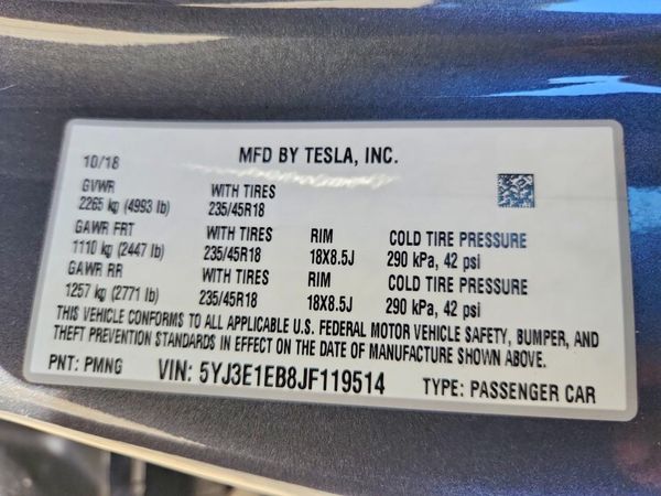 2018 TESLA MODEL 3 — VINS