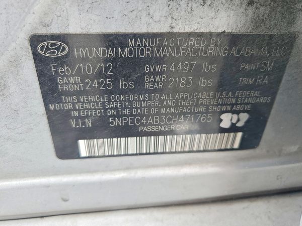 2012 HYUNDAI SONATA Middle level — VINS