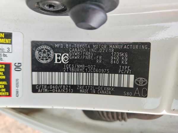 2018 TOYOTA COROLLA L/LE/SE/XLE/XSE — VINS