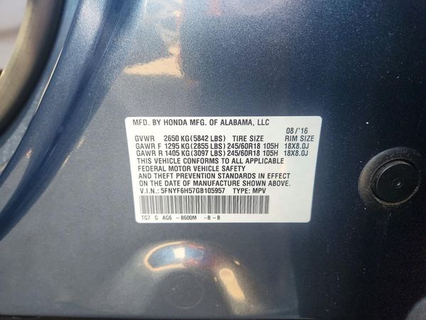 2016 HONDA PILOT EXL — VINS