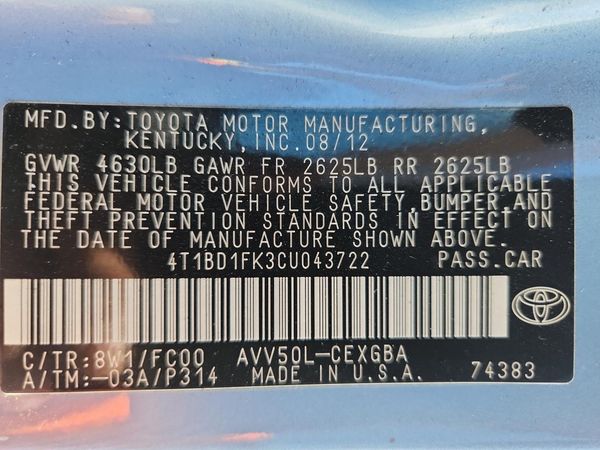 2012 TOYOTA CAMRY SOLA Hybrid — VINS