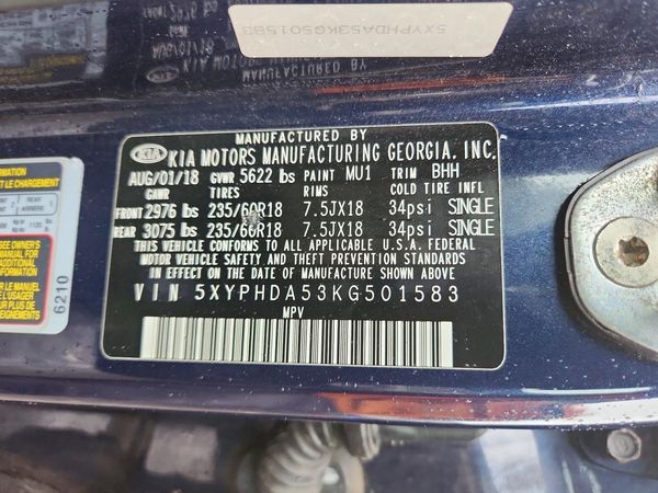 2019 KIA SORENTO EX, EX Sport — VINS