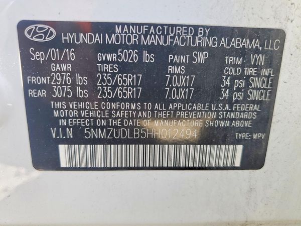 2017 HYUNDAI SANTA FE — VINS