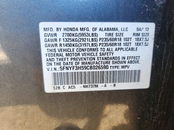 2012 HONDA PILOT EX-L — VINS
