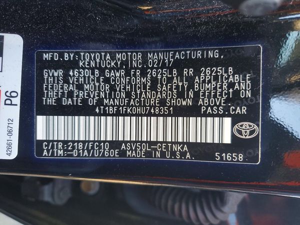 2017 TOYOTA CAMRY LE/SE/XLE/XSE — VINS
