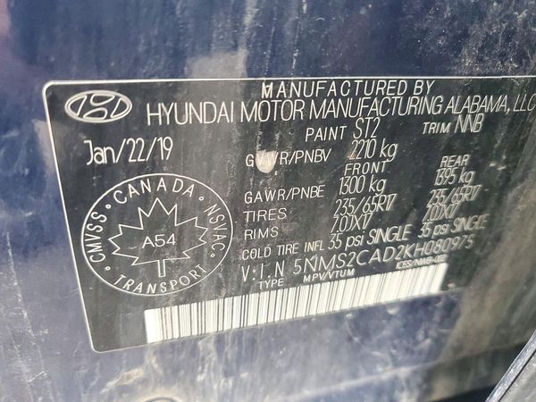 2019 HYUNDAI SANTA FE SE — VINS