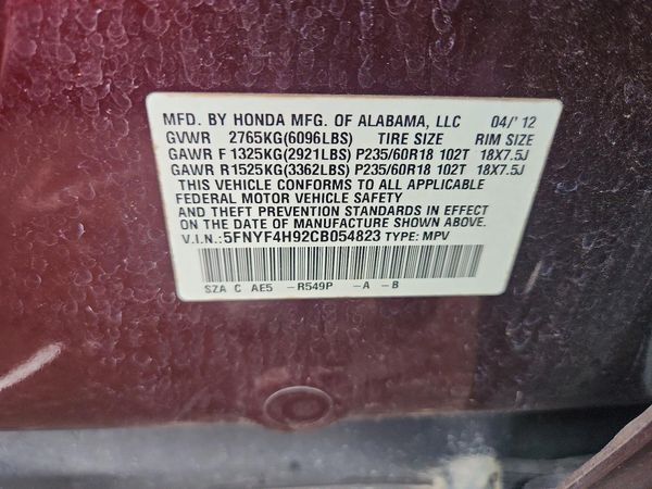 2012 HONDA PILOT TOURING — VINS