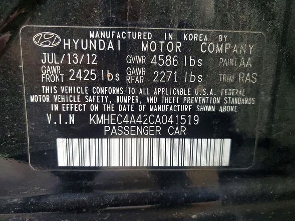 2012 HYUNDAI SONATA Middle level — VINS