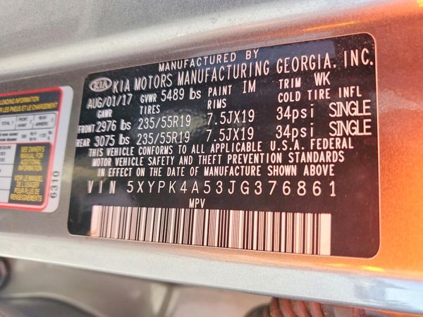 2018 KIA SORENTO SX, SXL — VINS