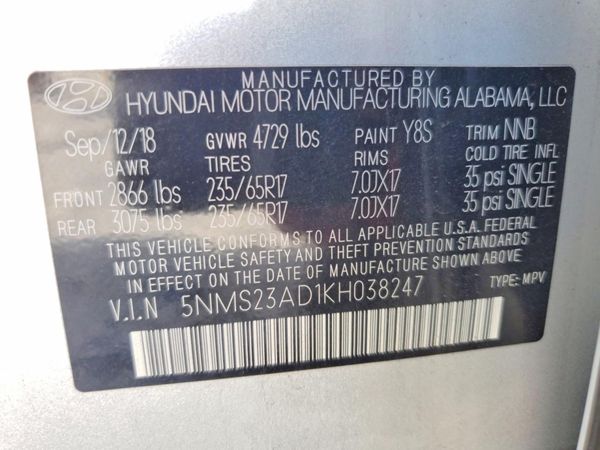2019 HYUNDAI SANTA FE SE — VINS