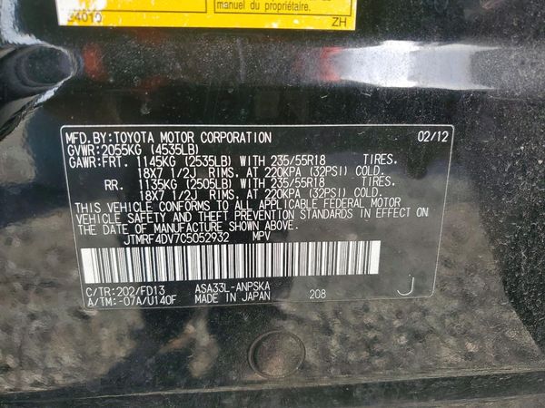2012 TOYOTA RAV4 Sports — VINS