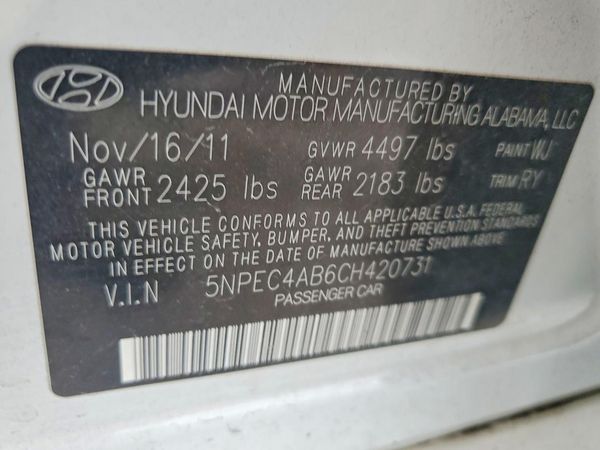 2012 HYUNDAI SONATA Middle level — VINS