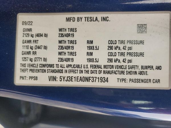 2022 TESLA MODEL 3 — VINS