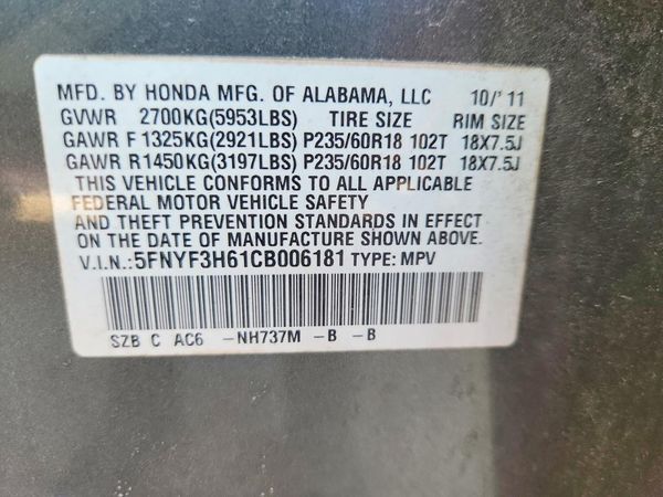 2012 HONDA PILOT EX-L with RES — VINS