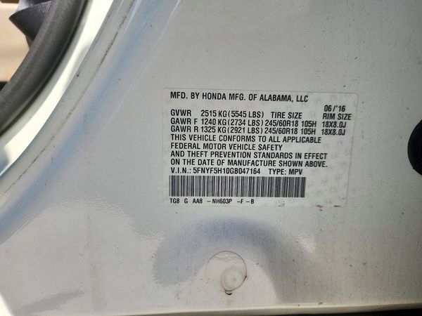 2016 HONDA PILOT LX — VINS