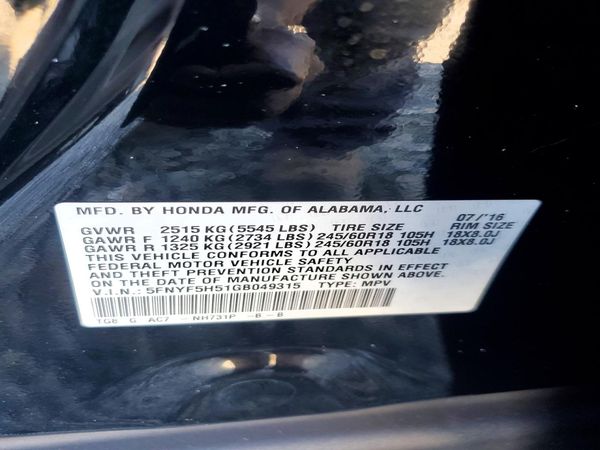 2016 HONDA PILOT EXL — VINS