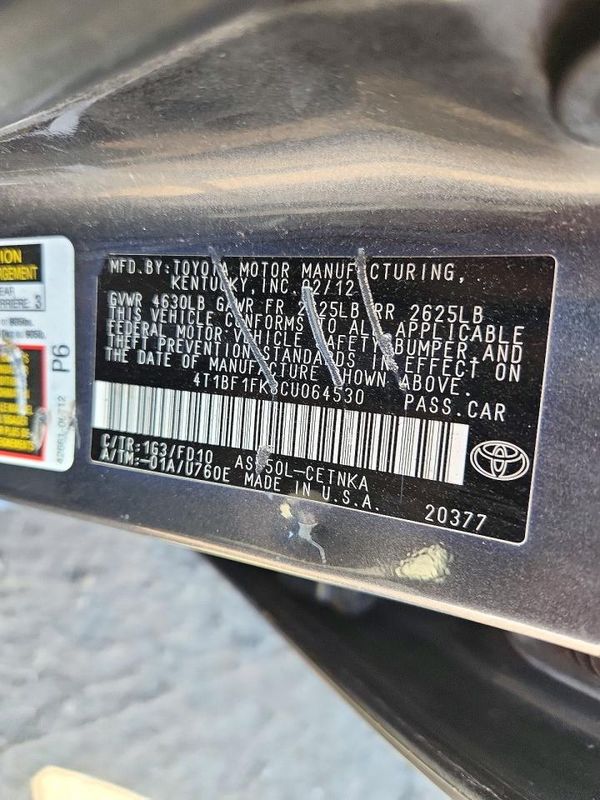 2012 TOYOTA CAMRY — VINS
