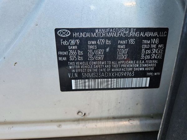 2019 HYUNDAI SANTA FE SE — VINS