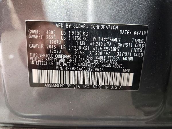 2018 SUBARU OUTBACK Base — VINS