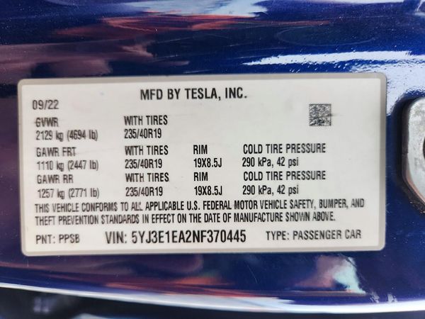 2022 TESLA MODEL 3 — VINS