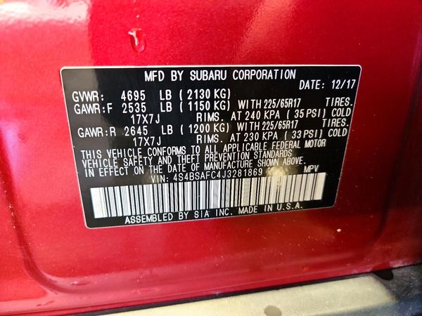 2018 SUBARU OUTBACK Premium+ES — VINS