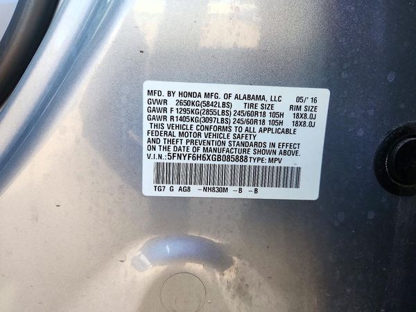 2016 HONDA PILOT EXL SENSING — VINS