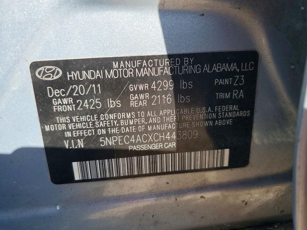 2012 HYUNDAI SONATA Middle level — VINS