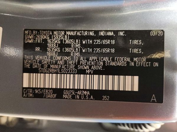 2020 TOYOTA HIGHLANDER XLE — VINS