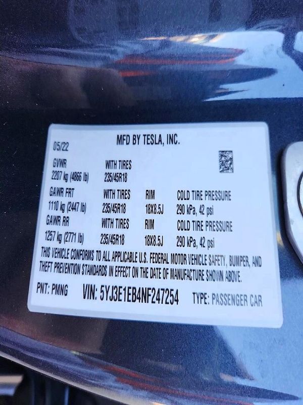 2022 TESLA MODEL 3 — VINS