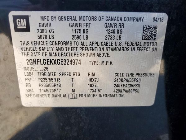 2016 CHEVROLET EQUINOX LTZ — VINS