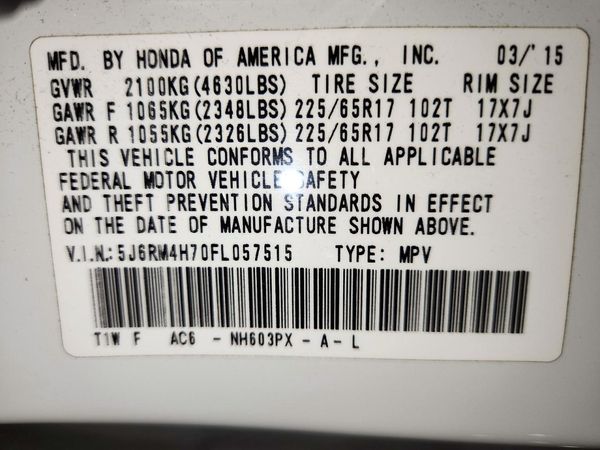 2015 HONDA CRV EX-L — VINS