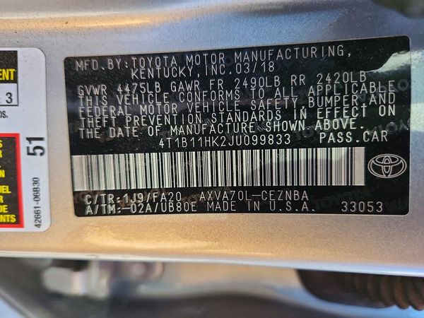 2018 TOYOTA CAMRY L/LE/SE/XLE — VINS