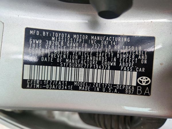 2015 TOYOTA COROLLA L/LE — VINS