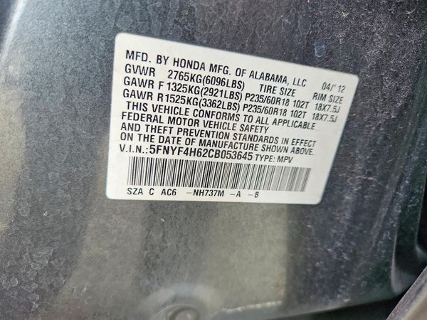 2012 HONDA PILOT EX-L with RES — VINS