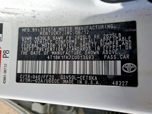 2012 TOYOTA CAMRY — VINS