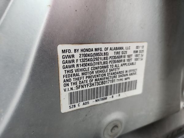 2012 HONDA PILOT EXL-N — VINS