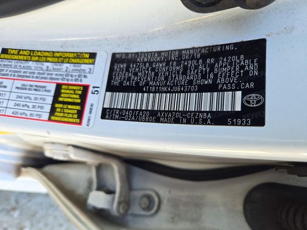 2018 TOYOTA CAMRY L/LE/SE/XLE — VINS