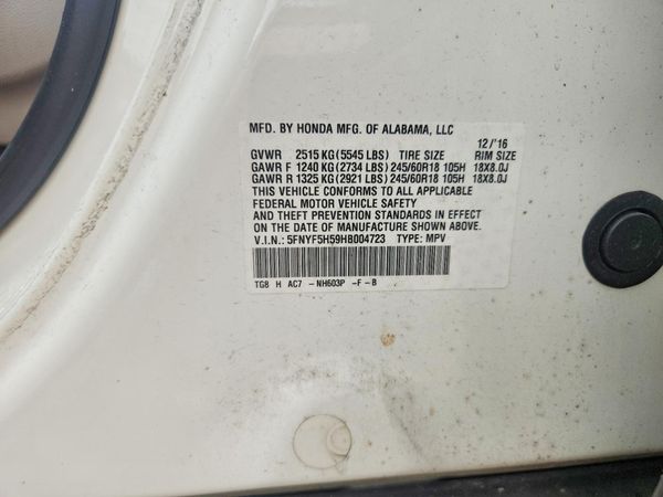 2017 HONDA PILOT EXL — VINS