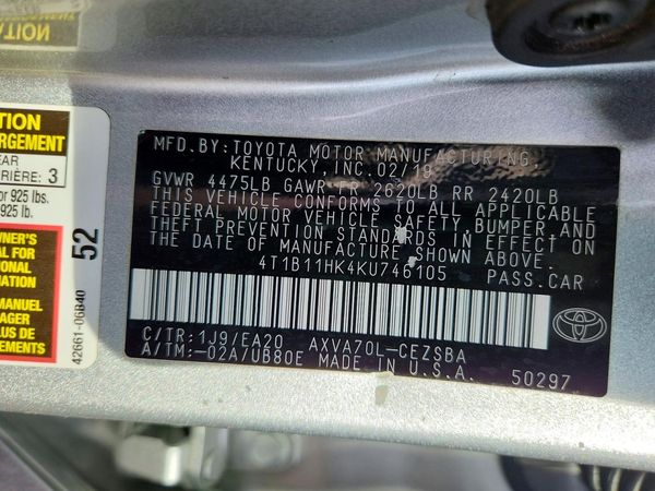 2019 TOYOTA CAMRY L/LE/SE/XLE — VINS