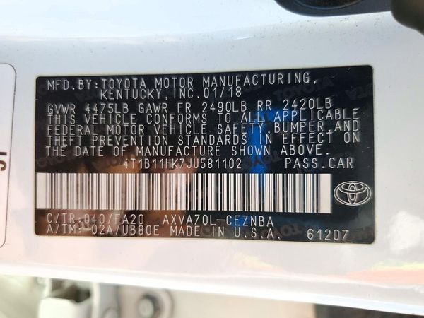 2018 TOYOTA CAMRY L/LE/SE/XLE — VINS