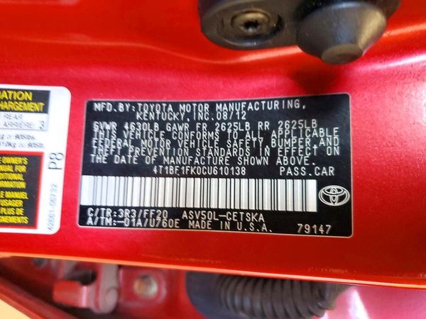 2012 TOYOTA CAMRY — VINS